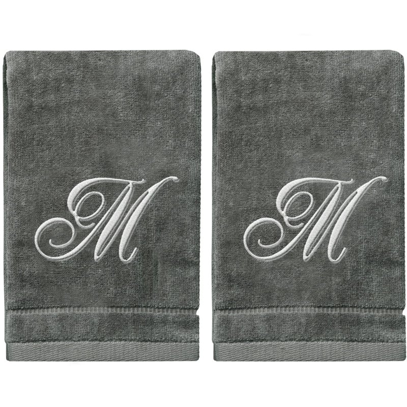 Creative Scents Personalized Initial Fingertip Towels - 2 Pack 11 x 18 Inches - Silver Embroidery On Gray Towel  Modern Monogrammed Towels  Great Initial Gift for Women  Teachers  Friends  Bridesmaids Initial M - Image 1